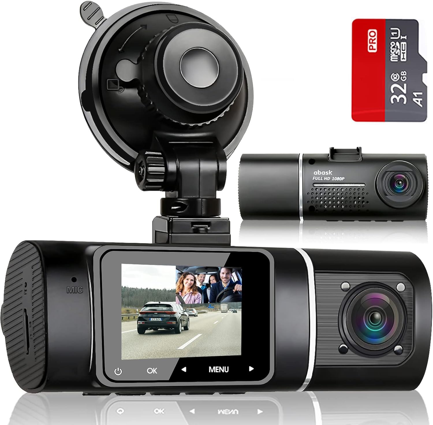 abask Cámara de Coche con Tarjeta 32G, 170° Gran Ángulo Frente y 140° Gran Ángulo Cabina Full HD Doble 1080P Dash CAM, G-Sensor, Grabación de Bucle, HDR, Monitor de Aparcamiento