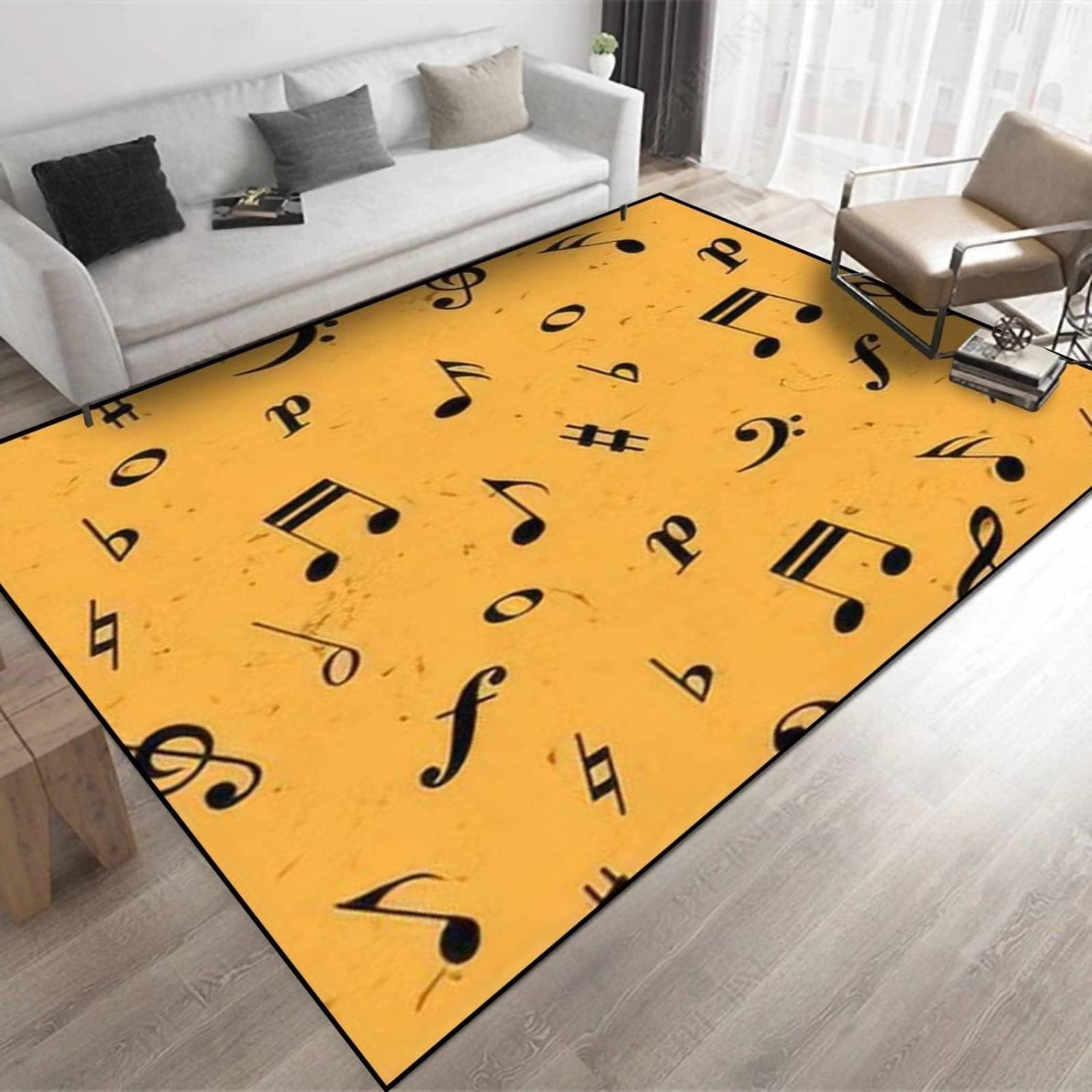 Alfombra amarilla con notas musicales en partituras, lavable, suave y afelpada para sala de estar, dormitorio, 180 x 240 cm