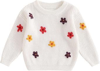 Toddler Baby Girl Long Sleeve Knit Sweater Color Floral Embroidery Round Neck Pullover Fall Winter Warm Tops Clothes