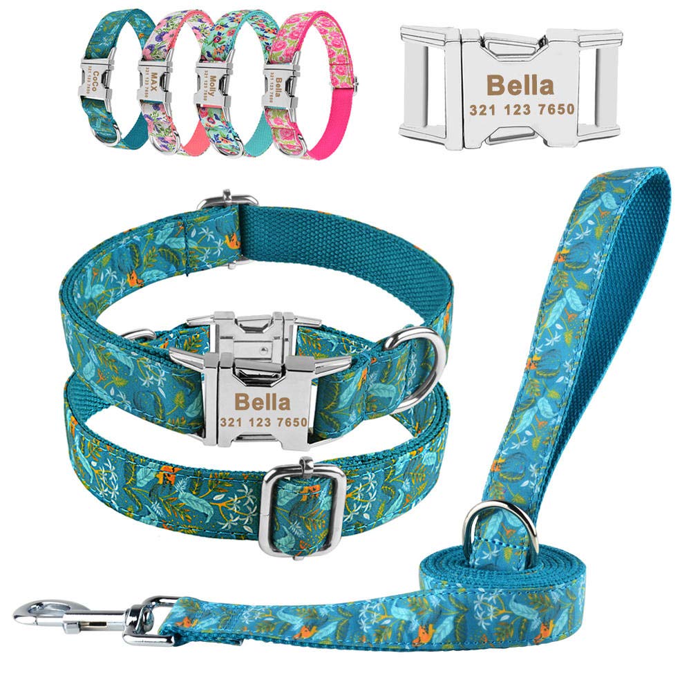 Chien Laisse Réglable en Nylon Cool Collier De Chien Personnalisé Sculpté Nom Téléphone Bleu Pitbull Personnalisé Colliers De Chien Accessoires De Chien Tag-Rosey_Set_M