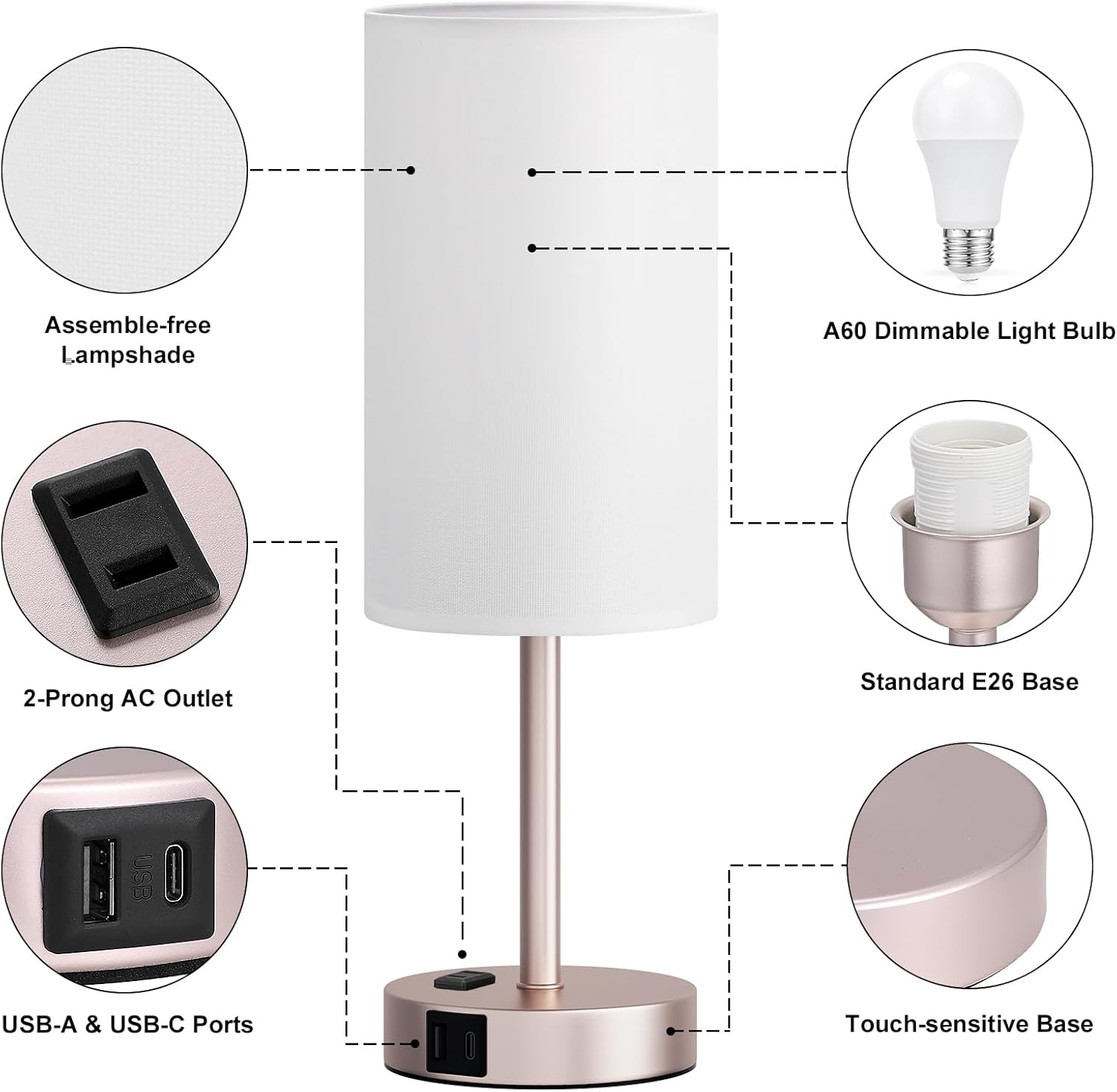 Fenmzee Antique White Bedside Table Lamp for Bedroom - 3 Way Dimmable Touch Lamp USB C Charging Ports and AC Outlet, Small Lamp Gold Base Round Flaxen Fabric Shade for Living Room, Desk