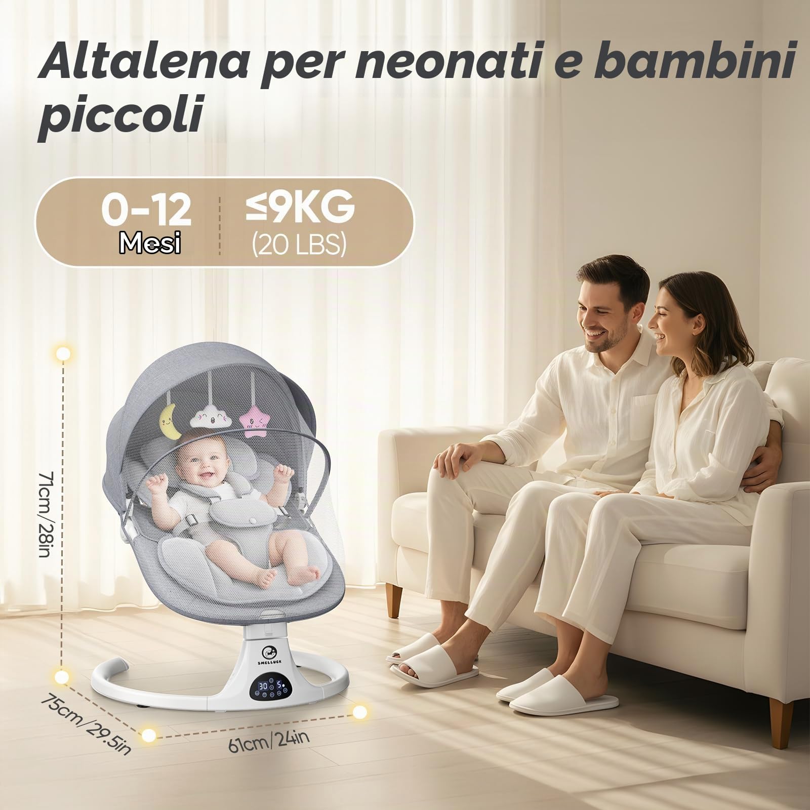 Sdraietta Neonati Elettrica, Dondolo Automatico con Schienale 3 Posizioni | 5 velocità, 12 melodie rilassanti, timer 8/15/30 min, telecomando, cuscino rimovibile, 3 alimentazioni
