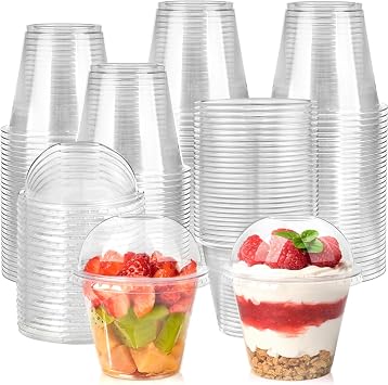 [100 Sets, 9 oz Clear Plastic Cups with Dome Lids No Hole, Dessert Cups Disposable Fruit Cup with Lid for Parfait, Yogurt, Pudding, Cake, Ice Cream, Snack, Party Supplies