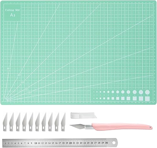 KALAIEN Tapete de corte autorreparable, tapete de costura de corte de 18 x 12 pulgadas para manualidades, 1 cuchillo rosa para manualidades, regla