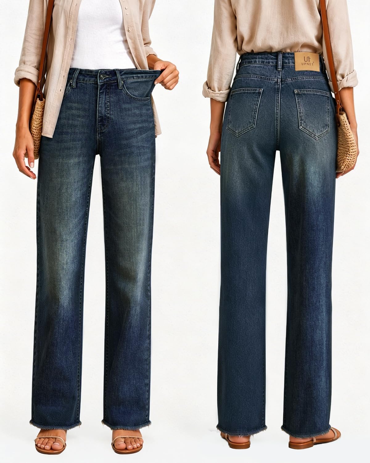 Womens High Waisted Jeans Stretchy Straight Leg Loose Fit Tummy Control Raw Hem Denim Pants Trendy Fashion