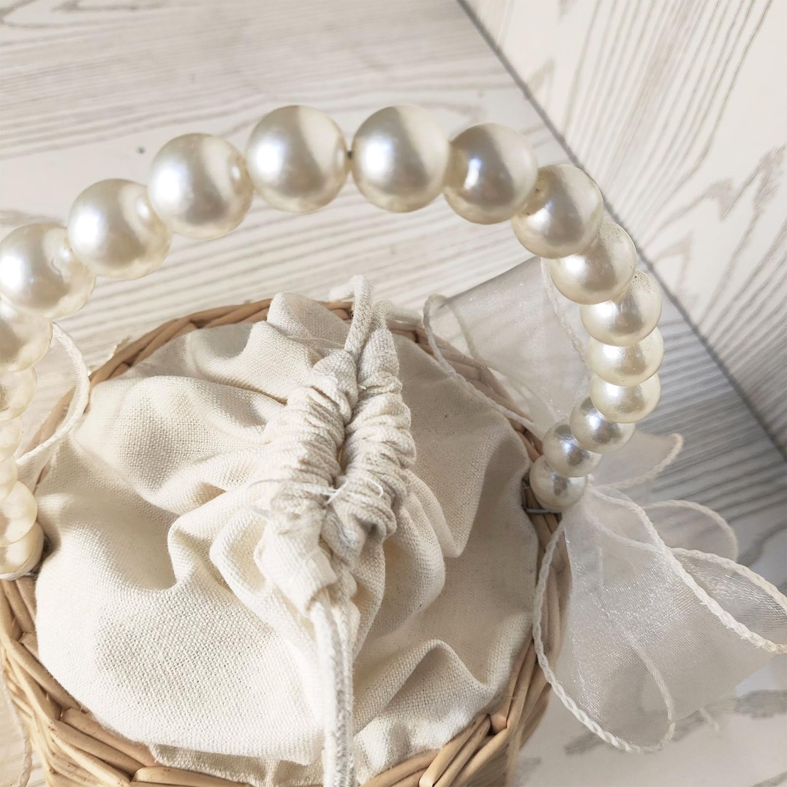 Cestino In Vimini Rattan Per Damigelle - Con Manico Perle Finto E Fiocco, Decorazione Rustica Per Matrimoni, Picnic E Feste