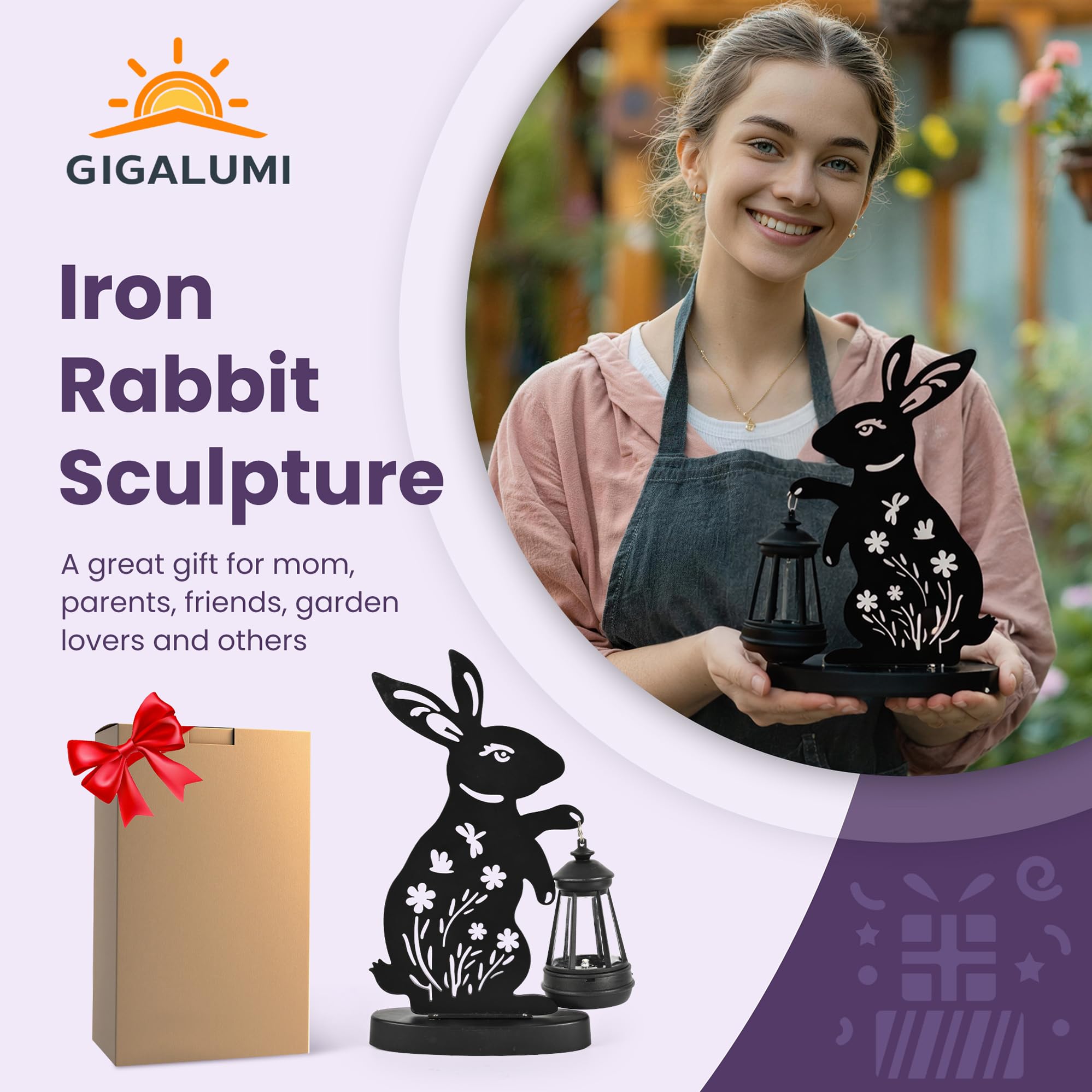 GIGALUMI Iron Rabbit Statue Garden Ornaments Outdoor with Solar Powered Lights,Unique Gifts for Mom,Women,Waterproof Garden Statue Decorations for Patio, Yard(2 Pack) — view 5