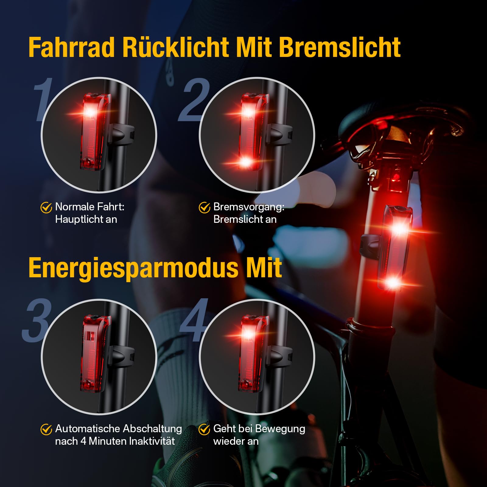 Fahrradlicht Set lichtsensor,Smart Rücklicht mit Bremslicht,Sensor Fahrradlicht StVZO Zugelassen,Integrierte Helligkeitssensor,Fahrrad Frontlicht & Rücklicht für Rennrad,MTB,E-Bike