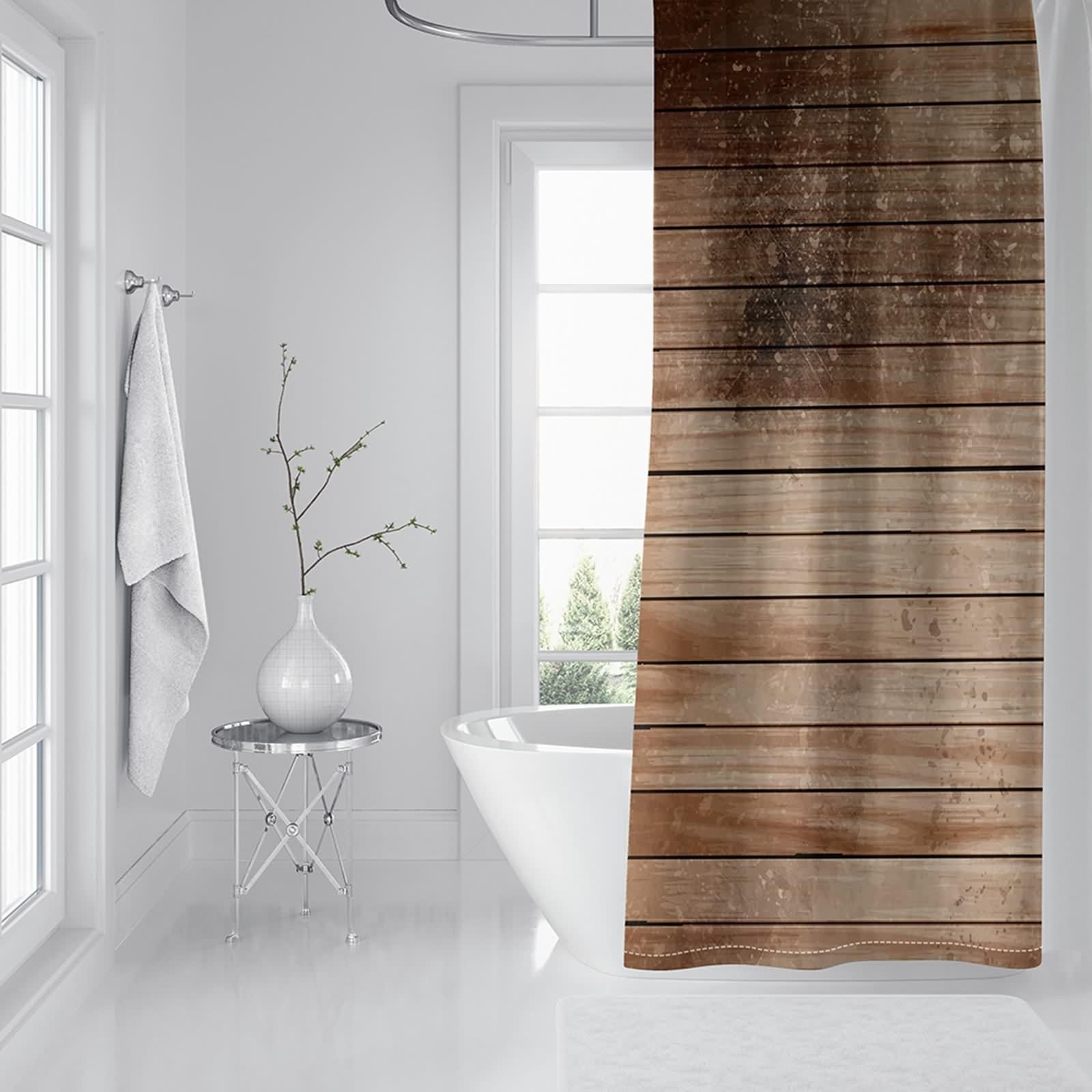 Cortina de ducha de 200 x 200 cm, textil marrón claro, patrón de tabla de madera, cortina de baño antimoho, poliéster, resistente al agua, lavable, para baño, 2 x 2 m de largo (ancho x alto)