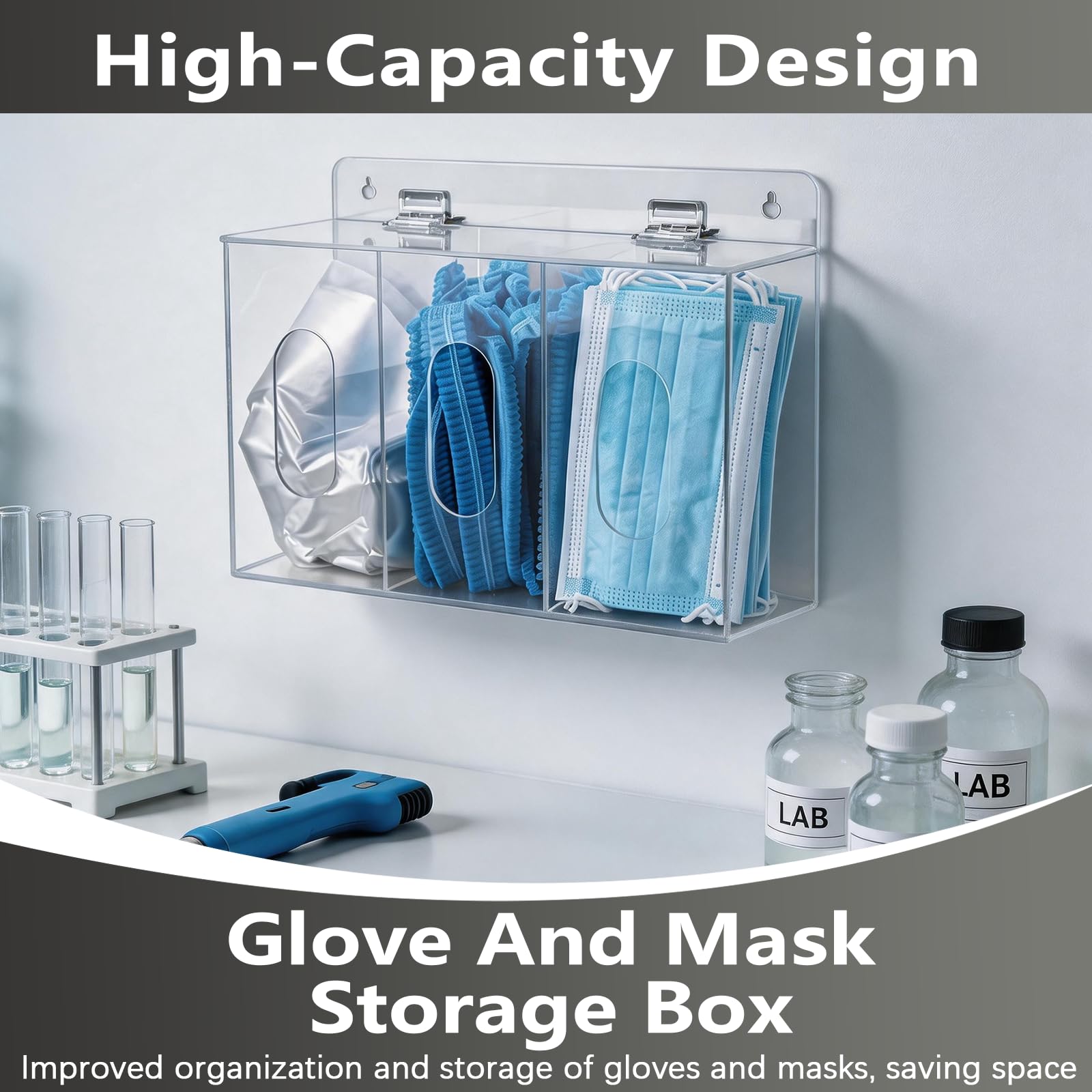 Distributeur de Masques Faciaux, Distributeur de Masques et de Gants Jetables en Acrylique avec Couvercle avec 3 Compartiments Conteneur de Rangement à Fixation Murale pour Gants Jetables