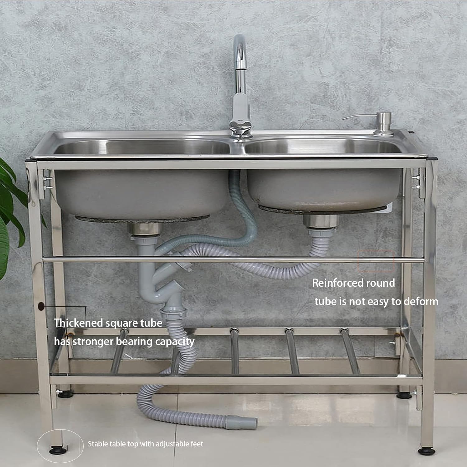 Double Bowl Kitchen Sink,304 Stainless Steel Utility Sink,Commercial Sink Basin,Utility Dresser,Combination Faucet with Double Storage Shelf and Drain Unit,1 Compartment Kitchen Sink (Color (C