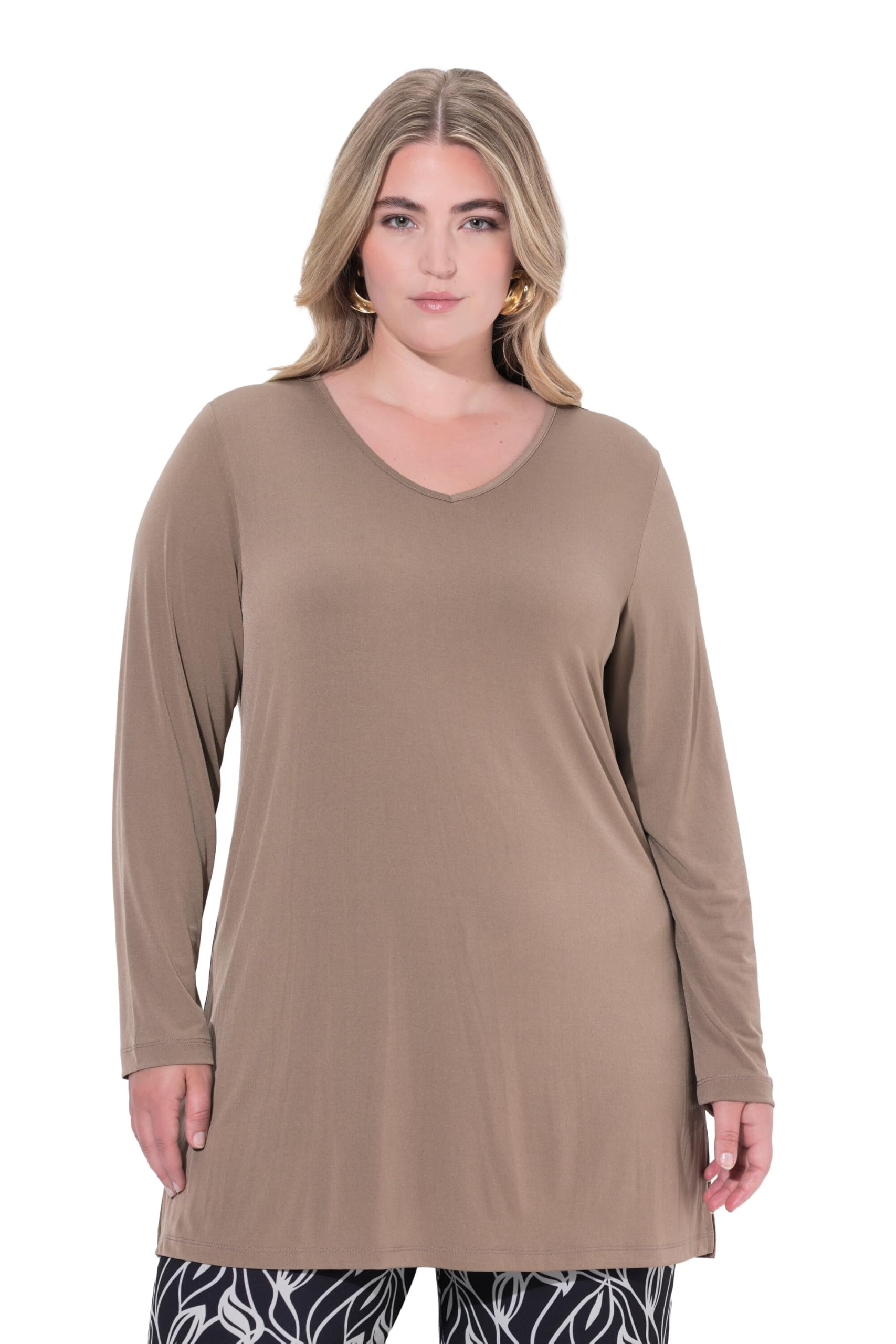 Ulla Popken Damen große Größen Übergrößen Plus Size Longshirt, A-Linie, V-Ausschnitt, Langarm 844641