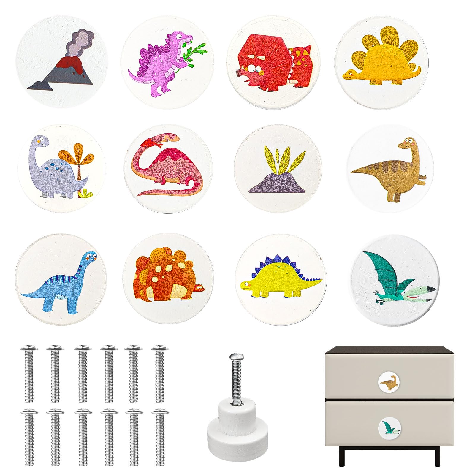 12 Pièces Bouton Tiroir de Meuble Bois, Rond, Motifs Dinosaures, Blanc pour Placards, 30 mm avec Vis, Chambre D'enfant (1)