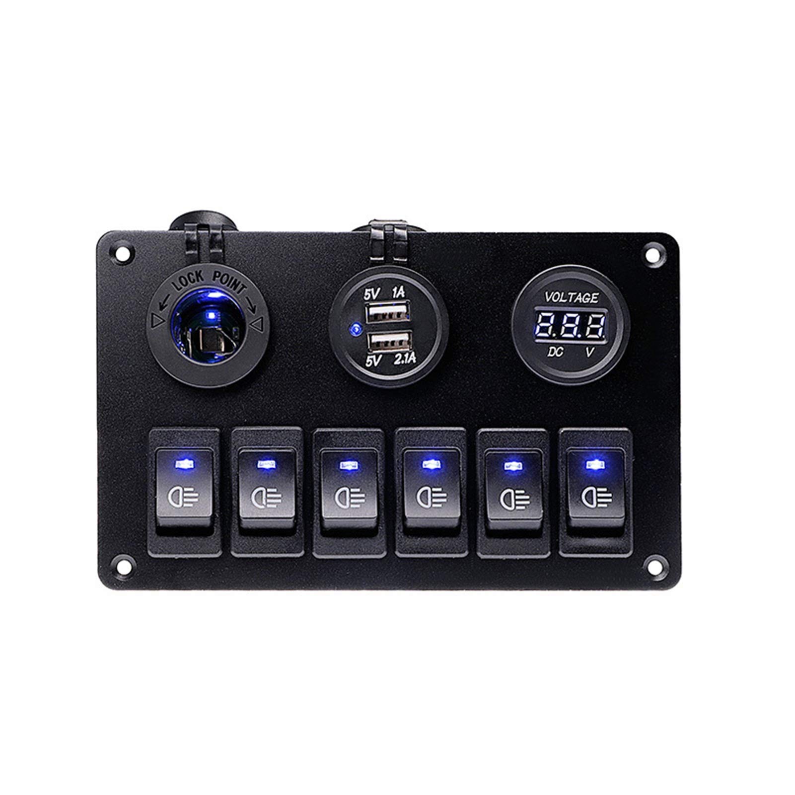 6-krotny panel przełączników, do gniazda zasilania 12 V, ładowarki USB, 3,1 A, cyfrowy woltomierz, przełącznik kołyskowy, sterowanie samochodem, łodzią, kamperem, kempingową