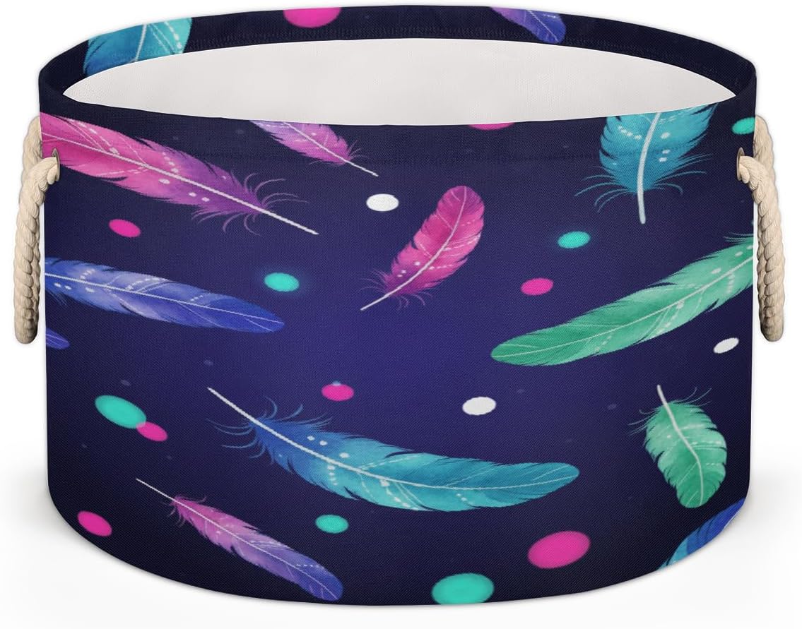 Large Storage Baskets, Rainbow Feather Nursery Round Collapsible Organizer Bin Box, Laundry Hamper for Kids Toys, Blanket, Bedroom Living Room Home Decor, Gift Basket, 19.4"x13.3"