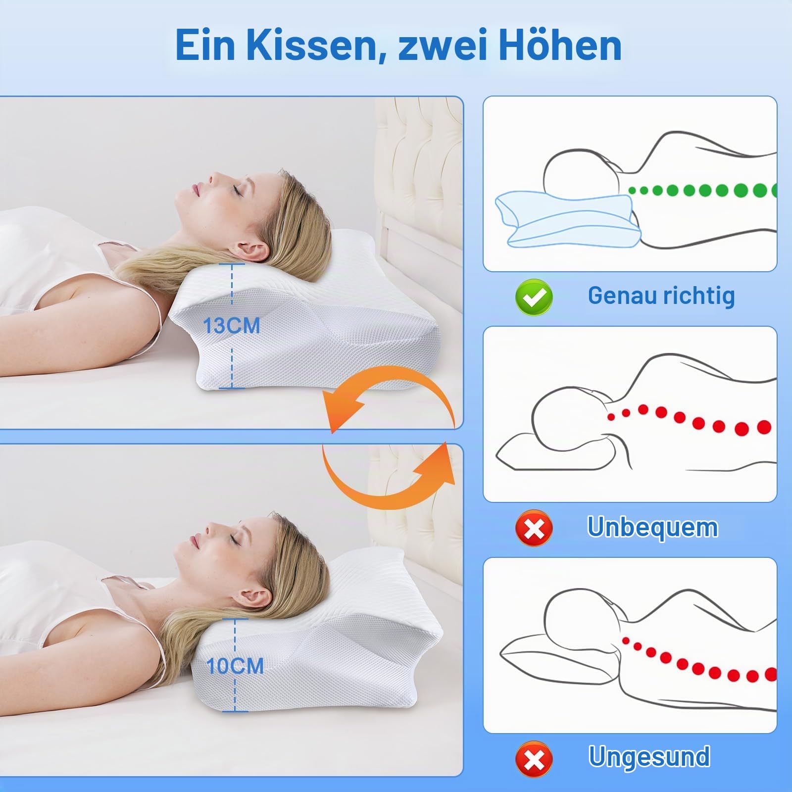 Teemour Nackenkissen Kopfkissen Memory Foam, Kopfkissen für Seitenschläfer, Rücken- & Bauchschläfer- Seitenschläferkissen Mit Nackenstütze, Atmungsaktiver und Abnehmbarer Bezug(Weiß)