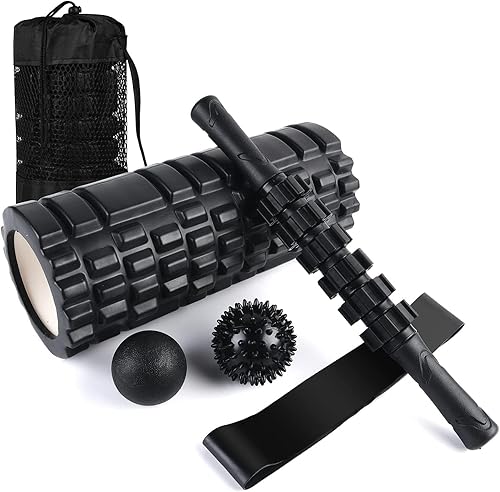 Juego de rodillos de espuma 6 en 1, rodillo de espuma de punto gatillo, barra de yoga, bola de masaje, bola de fijación, correa de estiramiento de