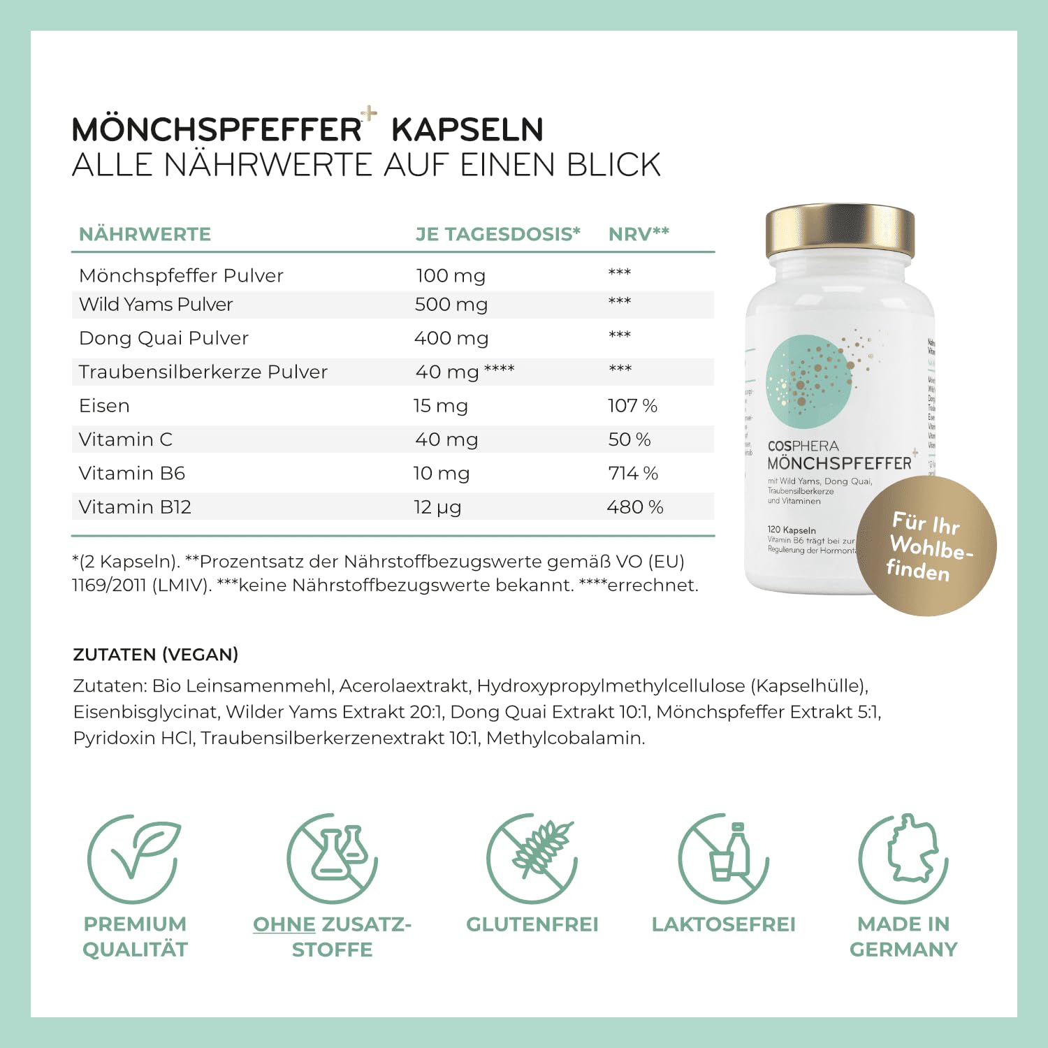Mönchspfeffer Kapseln hochdosiert (120 Kapseln) - 100 mg je Tagesdosis - angereichert mit Wild Yams, Dong Quai, Traubensilberkerze, Vitamin C, B6, B12 und Eisen - Original Vitex Agnus Castus - Vegan