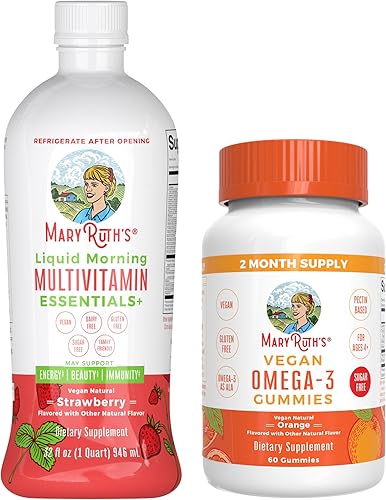 MaryRuth's - Multivitamínico líquido de fresa para adultos y niños y gomitas de suplemento Omega 3, sabor naranja, paquete de 2 para apoyo