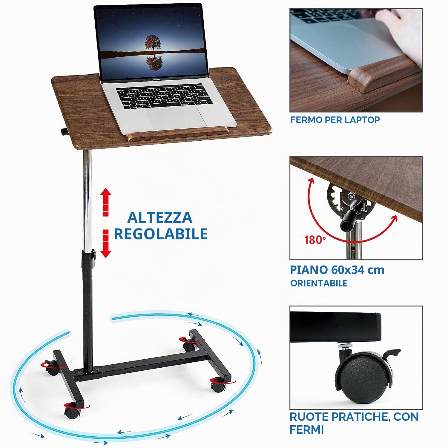 Tatkraft Gain Tavolo per Laptop Regolabile in Altezza con Ruote, Regolazione Dell'altezza Facile e Comodo da usare 71-96 cm, Tavolino Portatile con Rotelle per Notebook/Laptop