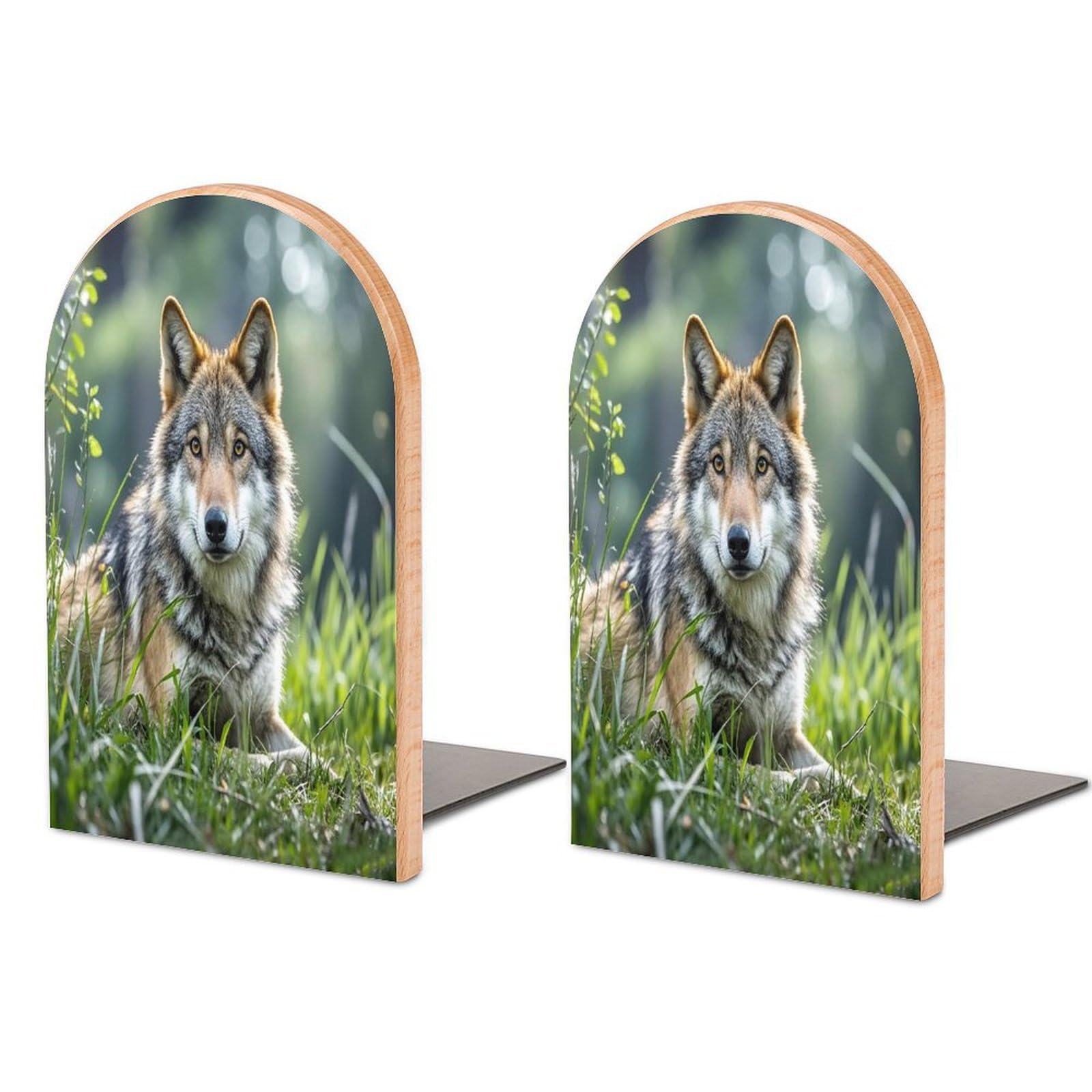 Wolf On The Grass Bookend for Shelves Unique Book End Sturdy Books Holder Heavy Duty Wooden Bookends Support Non-Slip Book Organizers Decorative Modern Bookend Holder for Home