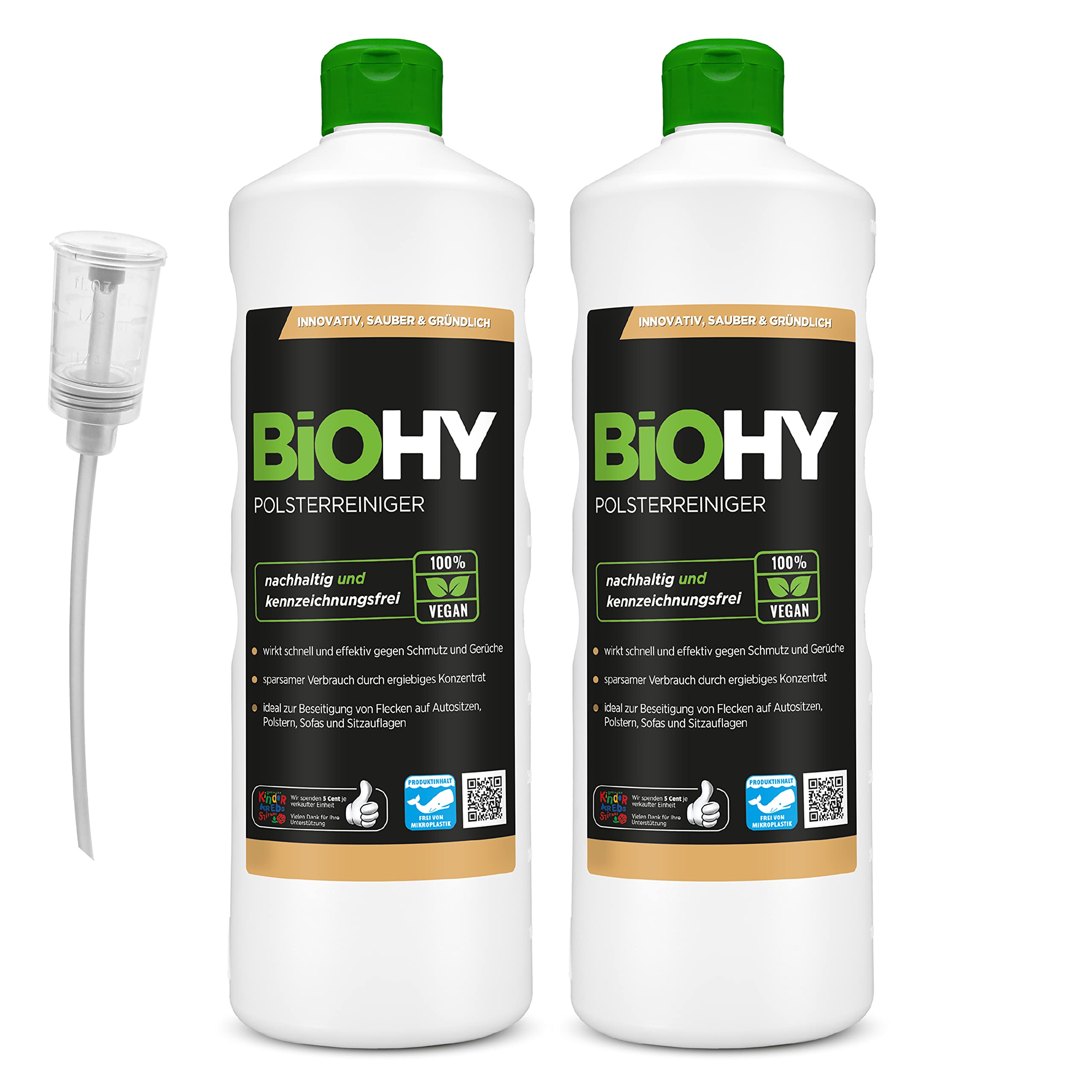 BiOHY Nettoyant spécial pour Meubles rembourrés (2 x 1l Bouteille) + Distributeur | Idéal pour Les sièges d'auto, canapés, Matelas, aspirateur à eau (Polsterreiniger)