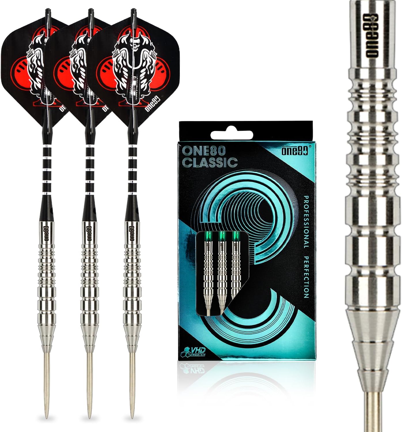 ONE80 90% VHD Steel Tip Tungsten Dart, Professional Barrel Style with Extra Flights, Shafts and Sharpener Gift Box Packaging