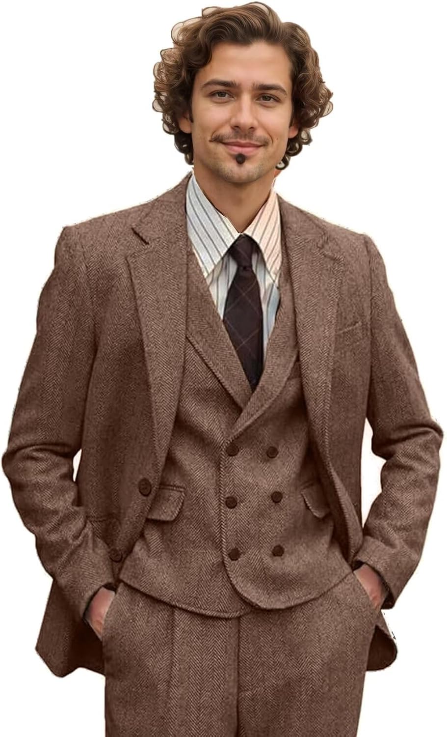 3 Piece Men Suits Tweed Herringbone Slim Fit Dress Groom Tuxedos Prom Blazer Jacket Double Breasted Vest Pants Set