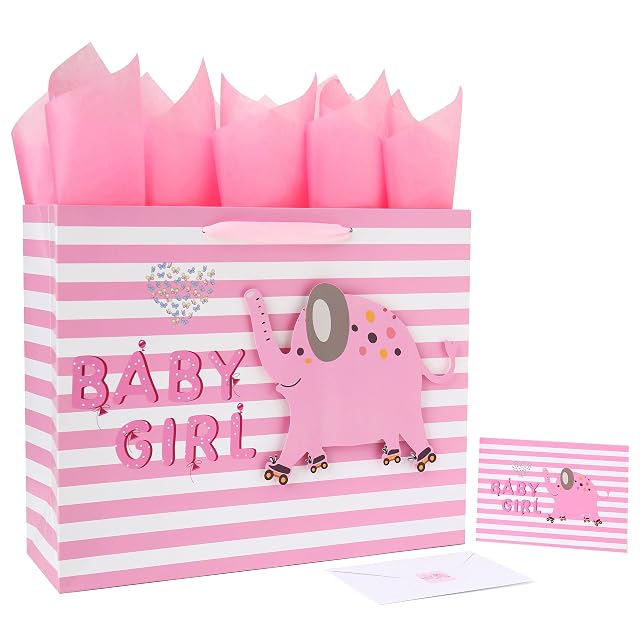 16 5 Extra Large Baby Girl Gift Bag Set with Handles Greeting Card Pink Tissue Papers and Stickers