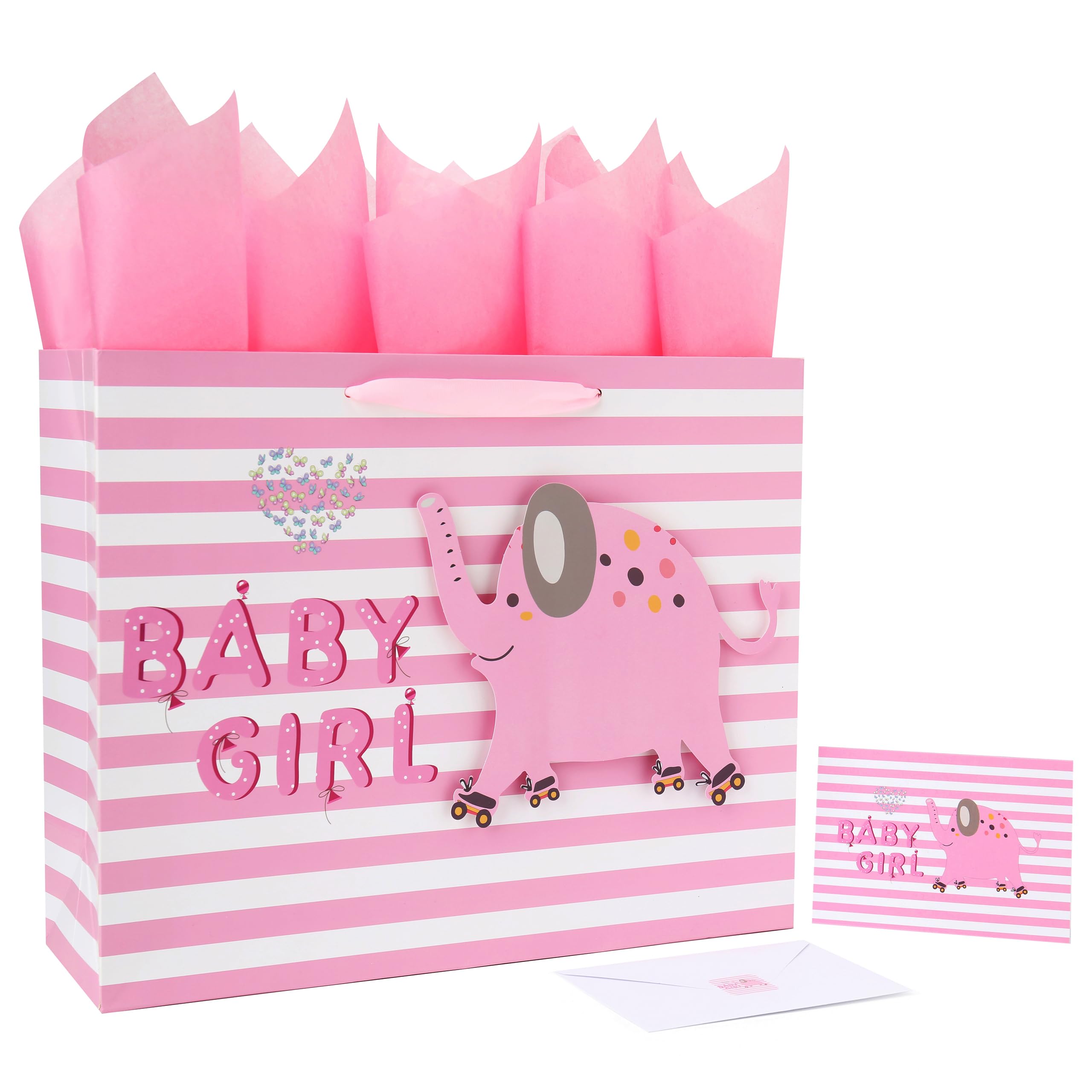 16 5 Extra Large Baby Girl Gift Bag Set with Handles Greeting Card Pink Tissue Papers and Stickers