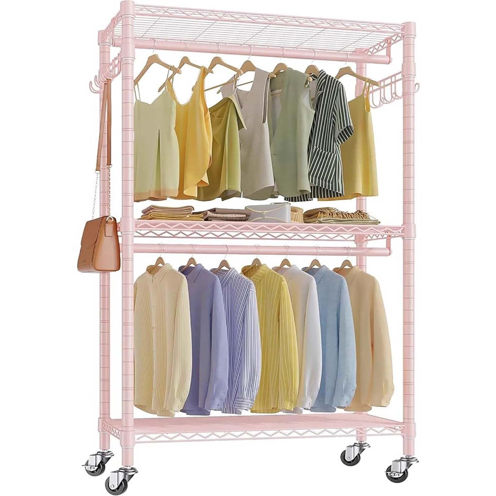 Portant à vêtements robuste rose à doubles tiges et roulettes