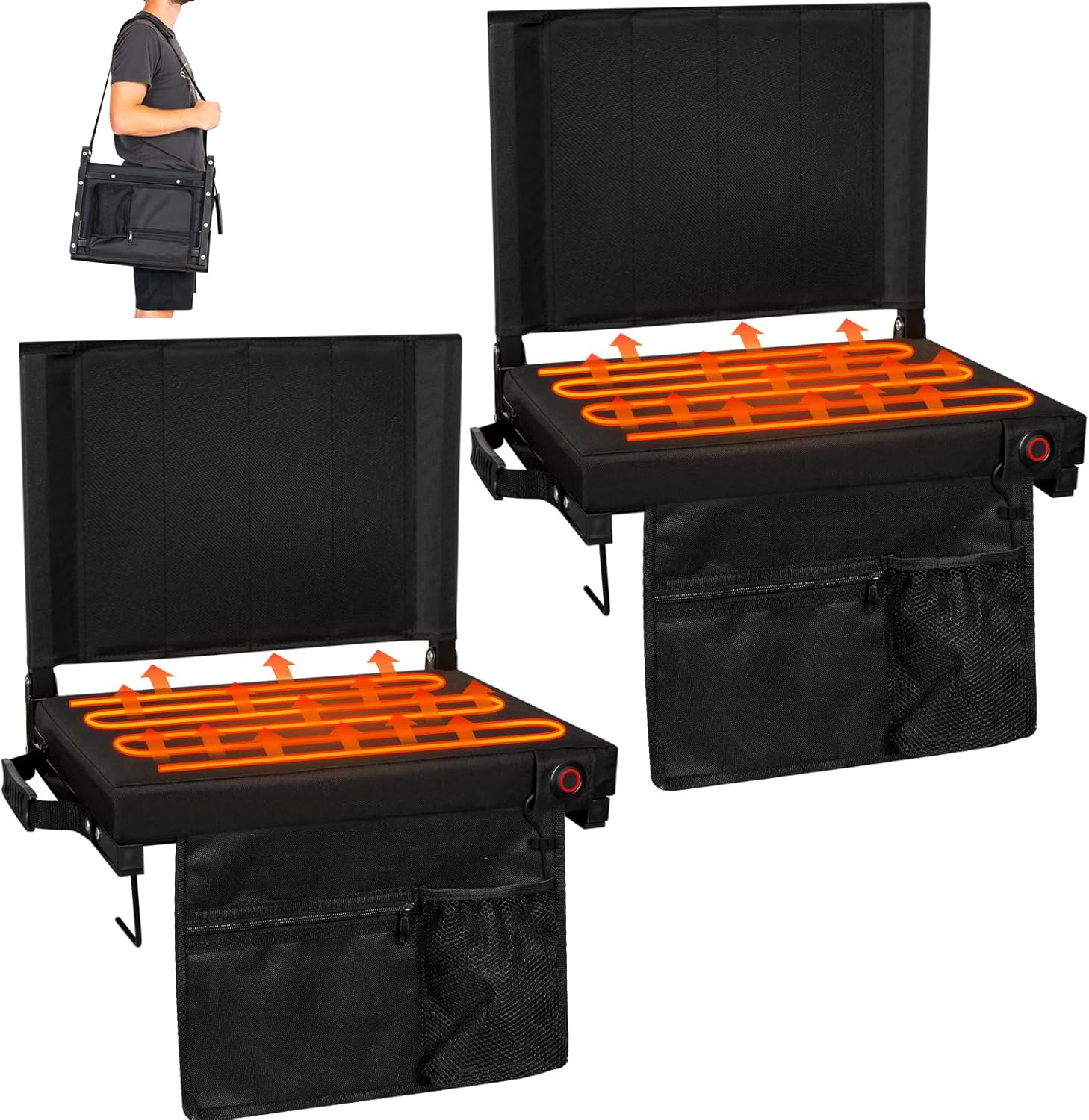 Romswi 2PK 3-Level Heated Stadium Seats for Bleachers with Back Support,Padded Bleacher Seats with Thick Cushion,Portable Folding Waterproof Bleacher Chair for Outdoor (Power Bank Not Included)