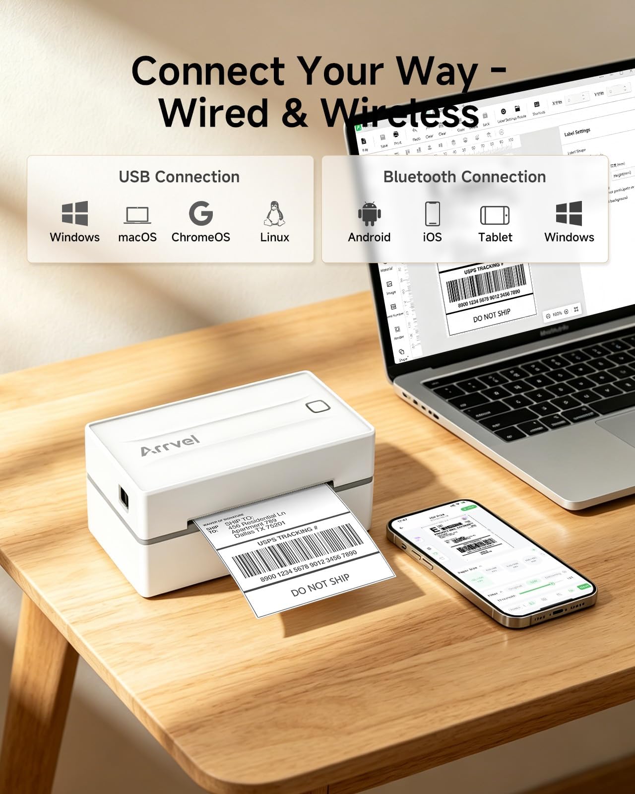 Stampante termica Bluetooth per etichette con supporto, stampante per etichette wireless 4 x 6 per piccole imprese, compatibile con iPhone, Android, Windows e Mac, funziona con Amazon USPS Etsy