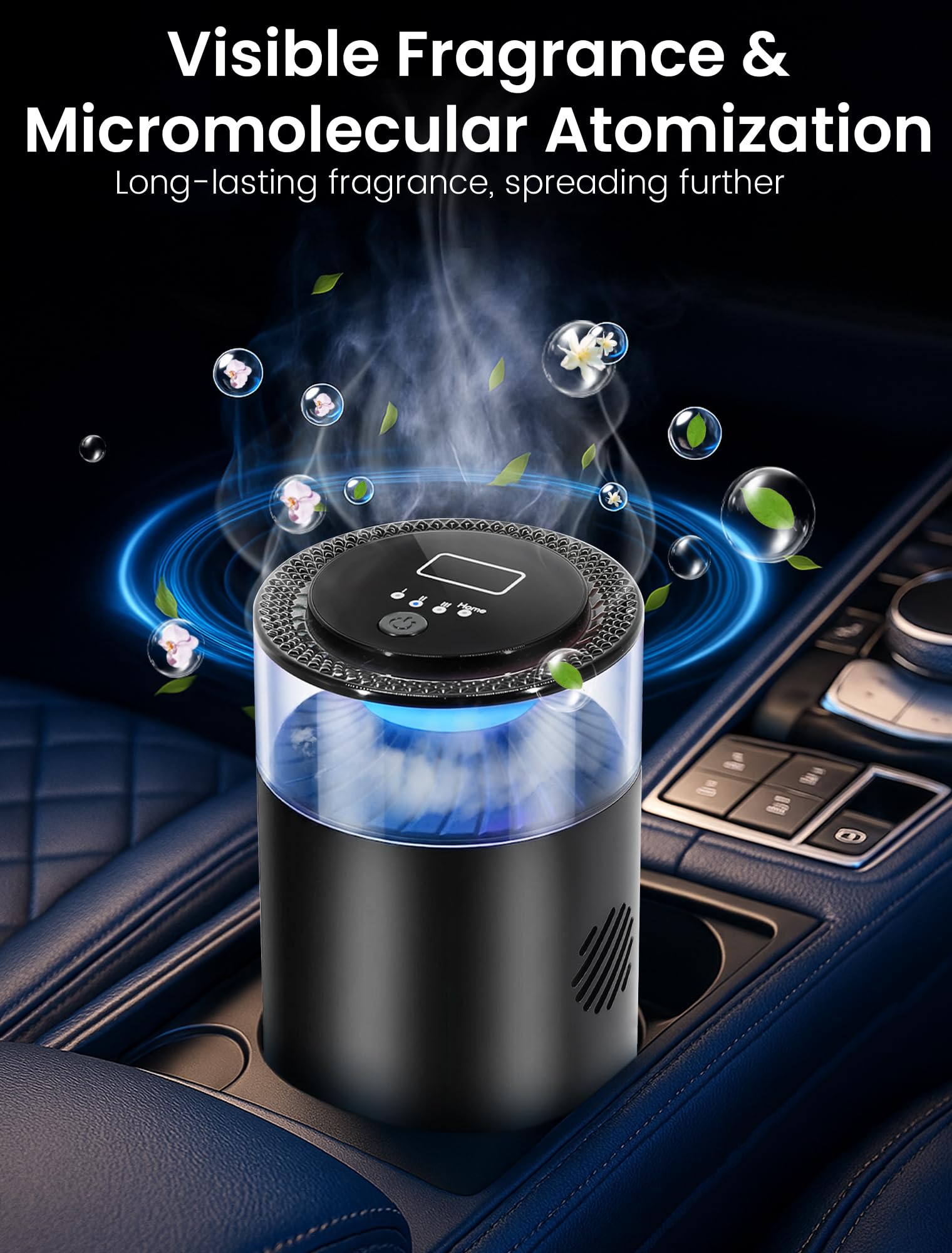 Ambientador inteligente para coche, fragancia de luz ambiental y niebla, paquete de 2 recambios para 6 meses, encendido/apagado automático, 3 modos ajustables, ambientador negro perfecto para coche