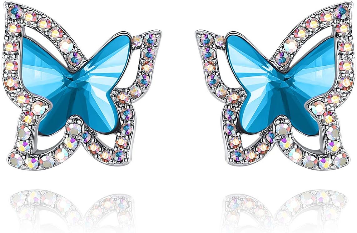 GEMMANCE Butterfly Crystal Stud Earrings for Women with Premium Birthstone, Silver-Tone – Mother’s Day Valentine’s Day Jewelry – Gifts for Women Mom Wife Daughter Girlfriend
