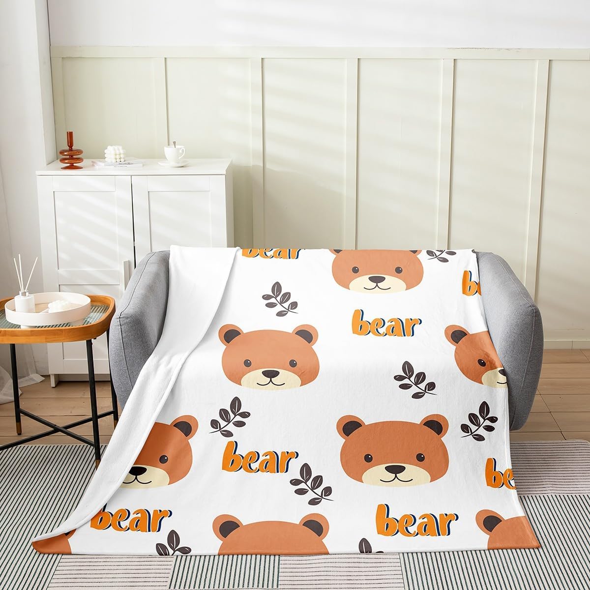 Feelyou Nature Wildlife Bear Blanket Throw 50"x60" Wild Animal Plush Throw Blanket, for Sofa Couch Kids Boys Girls Decor Rustic Cabin Country Flannel Fleece Blanket Leaf Bedroom