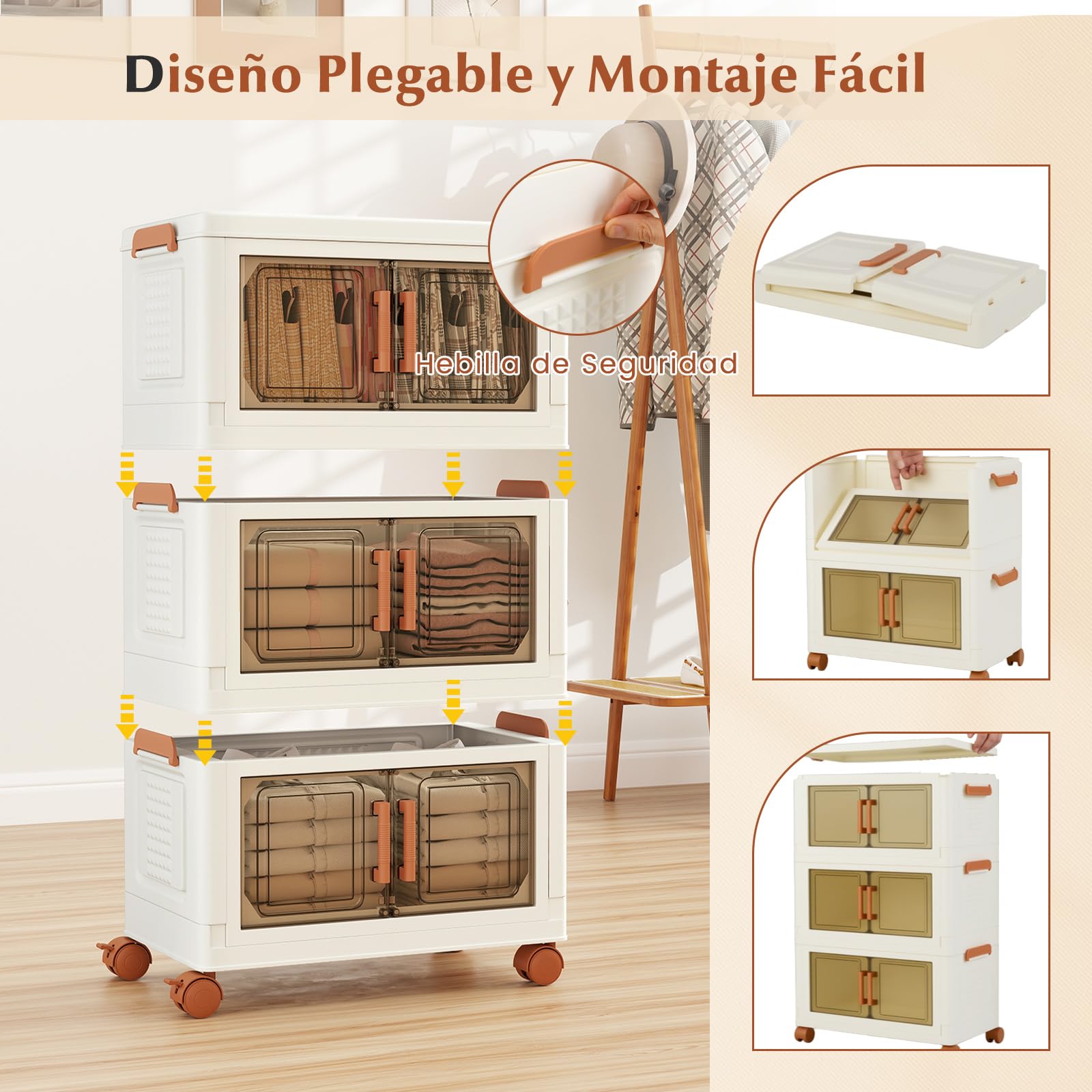 COSTWAY Caja de Almacenamiento Plegable 57 L, Paquete de 3 Contenedores de Almacenaje de Plástico con Puertas de Apertura Frontal, Cajas de Almacenaje Apilables con 4 Ruedas, para Dormitorio