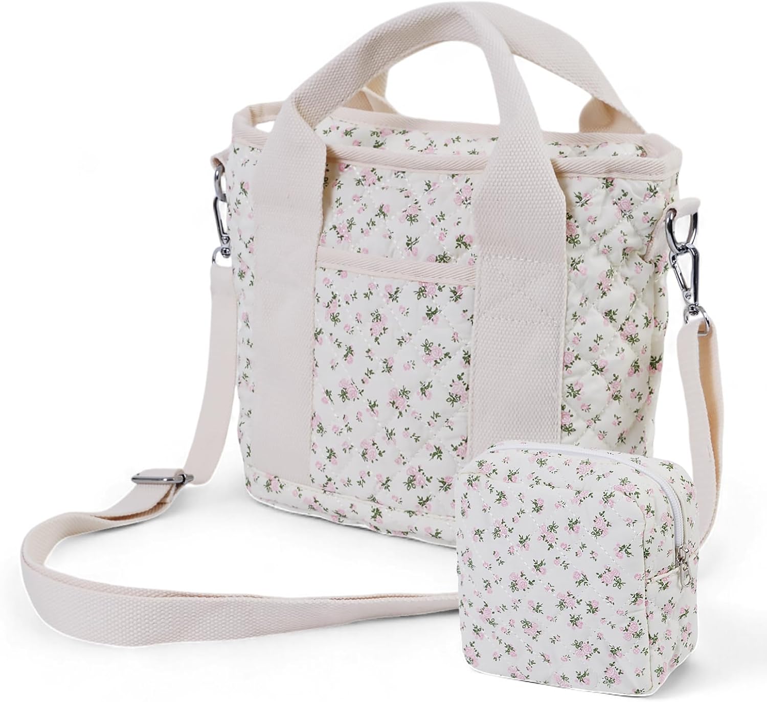 Small Floral Quilted Tote Bag for Women, Cute Crossbody Shoulder Purse with Pockets, Everyday Handbags