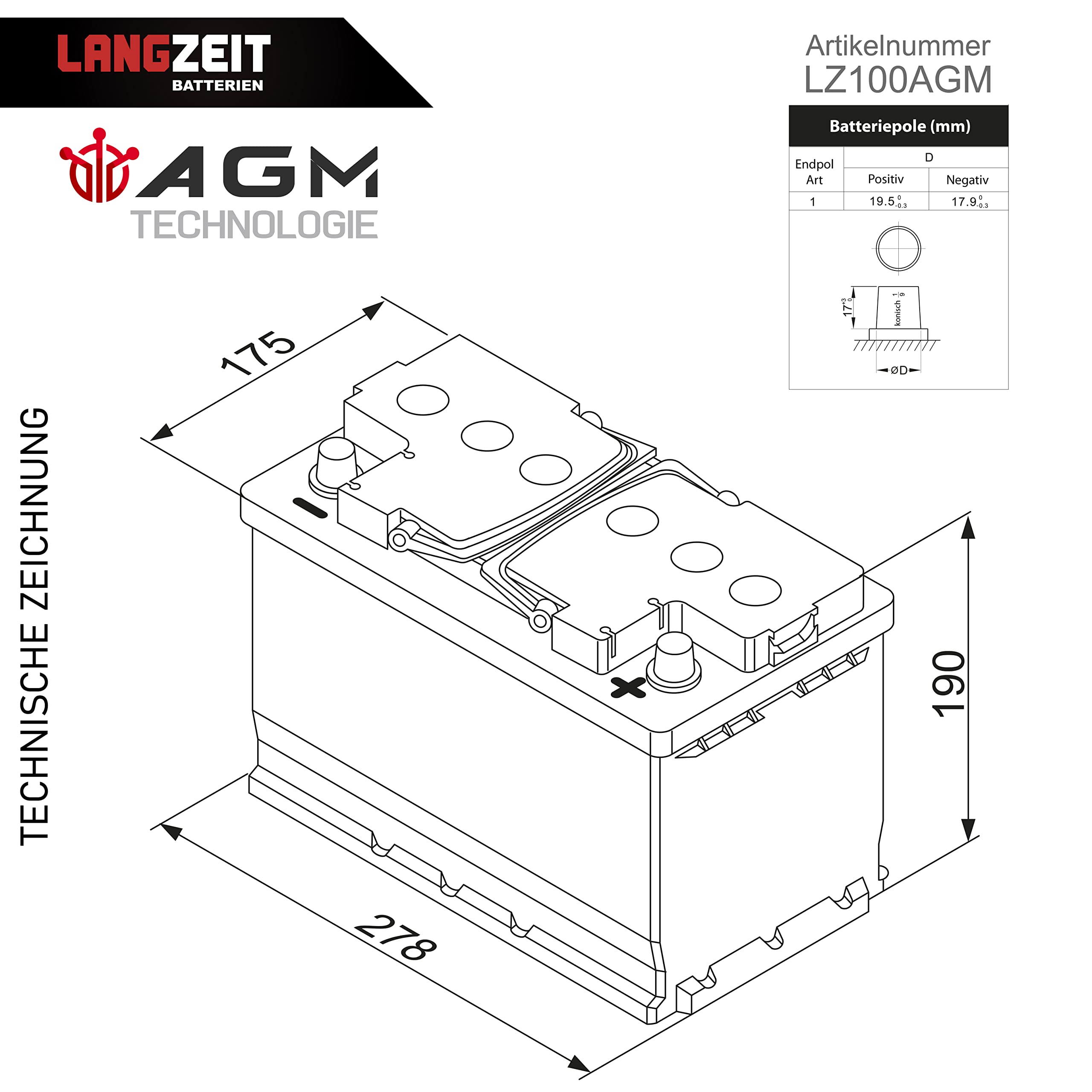 LANGZEIT AGM Batterie 100Ah 12V Solarbatterie Wohnmobil Boot ersetzt 95Ah