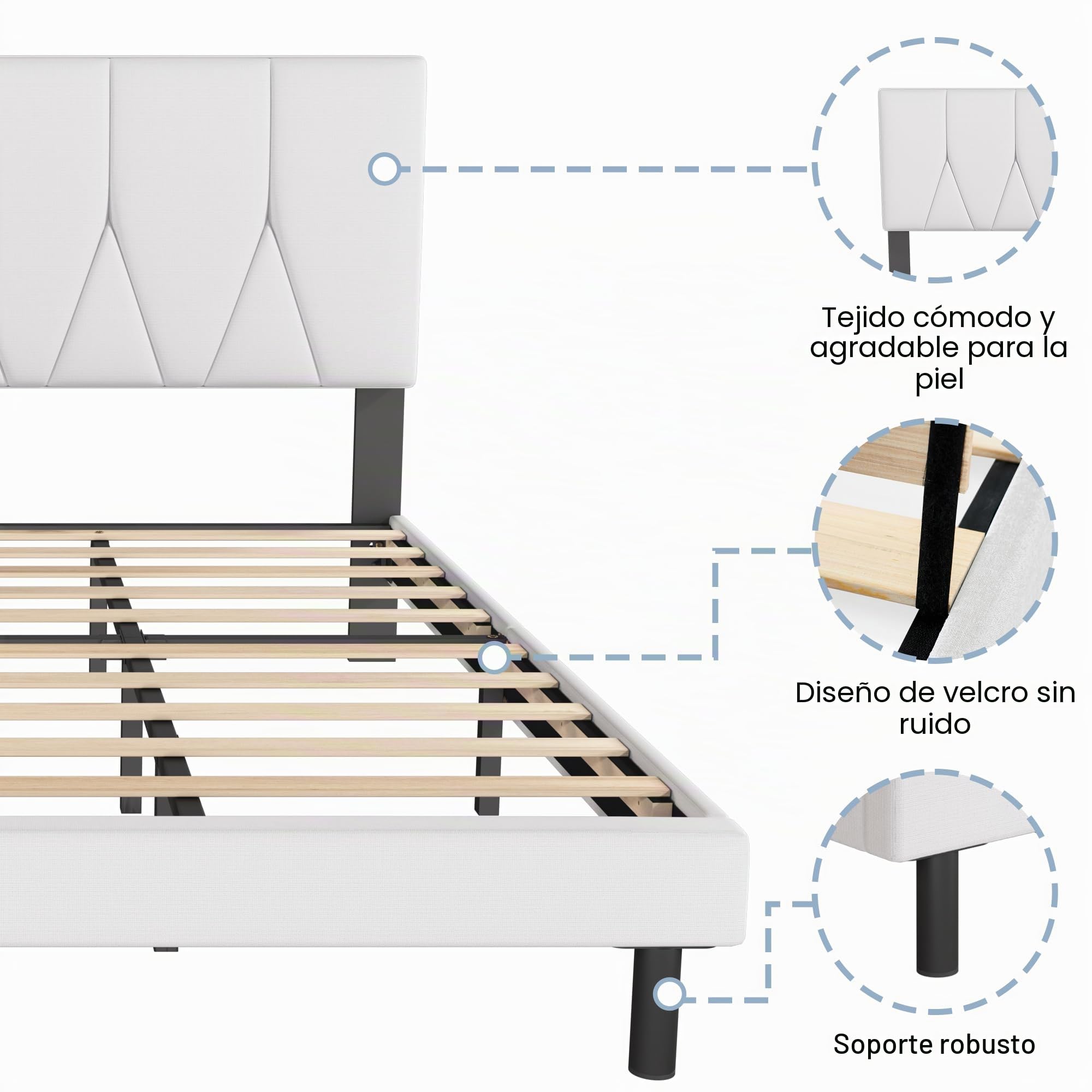 Yocreat Marco de cama King, blanco, marco de cama tapizado de madera con cabecero, fácil montaje, almacenamiento debajo de la cama, no necesita somier, 150 x 200 cm | Cabecero, fácil montaje, almacenamiento debajo de la cama, no necesita somier