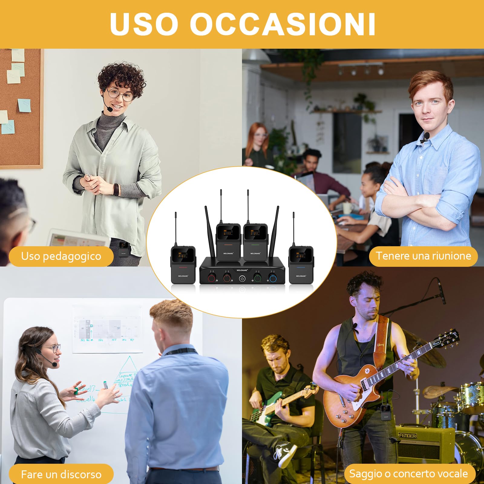 MELONARE Sistema microfonico wireless UHF a 4 canali con 4x10 frequenze, portata di 200 piedi, 4 bodypack e microfoni per cuffie/lapelle per canto, chiesa, conferenza (MWM-41-4B)