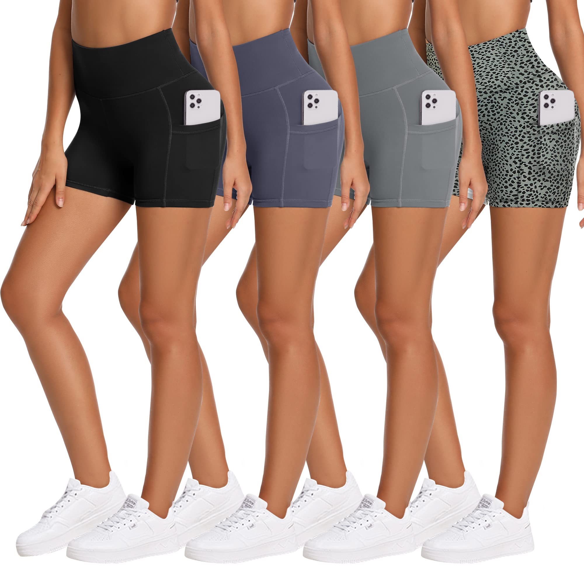 CAMPSNAIL4 Pack Biker Shorts Women with Pockets-High Waisted Tummy Control Workout Spandex Shorts for Yoga Athletic Cycling