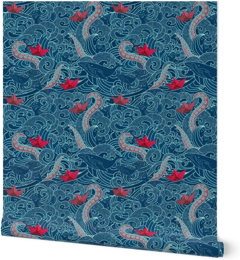 Spoonflower Commercial Grade Wallpaper Swatch - Octopus Ocean Small Print Japanese Hawaii Wave Nautical Traditional Wallpaper