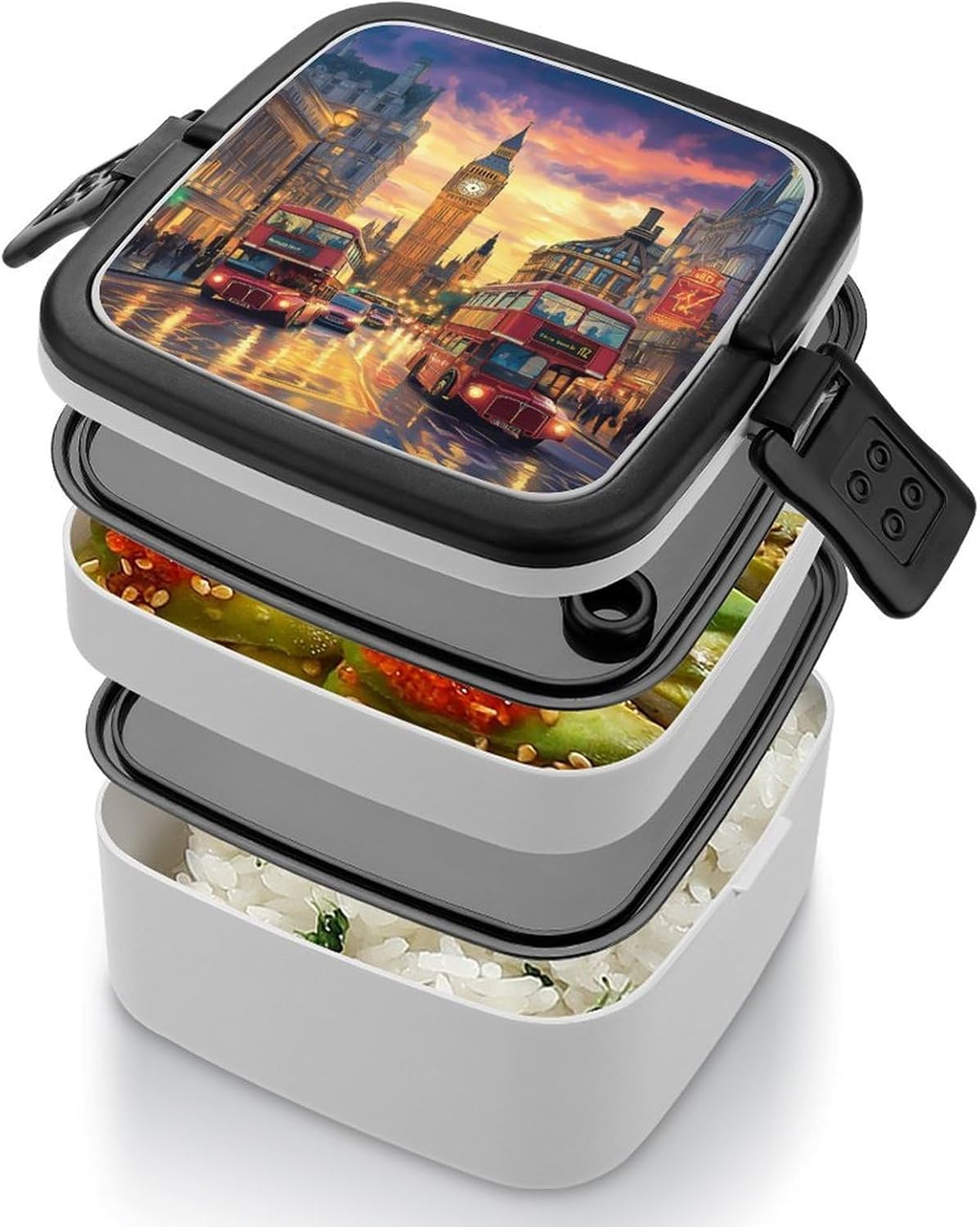 London Britain England Bento Box with Spoon 2 Layer Food Container Cute Lunch Box for Travel Dining Work