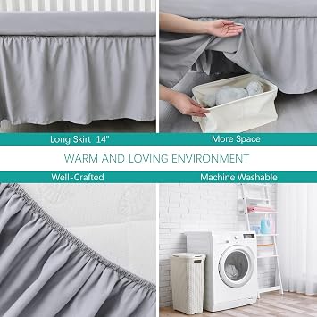 Crib Bed Skirt 14 Drop, Fits 28x52 Crib, Adjustable, Grey | 4-Sided Design, Adjustable Elastic Straps, Soft Polyester, Fade & Shrink Resistant, Machine Washable, Fits Standard Cribs