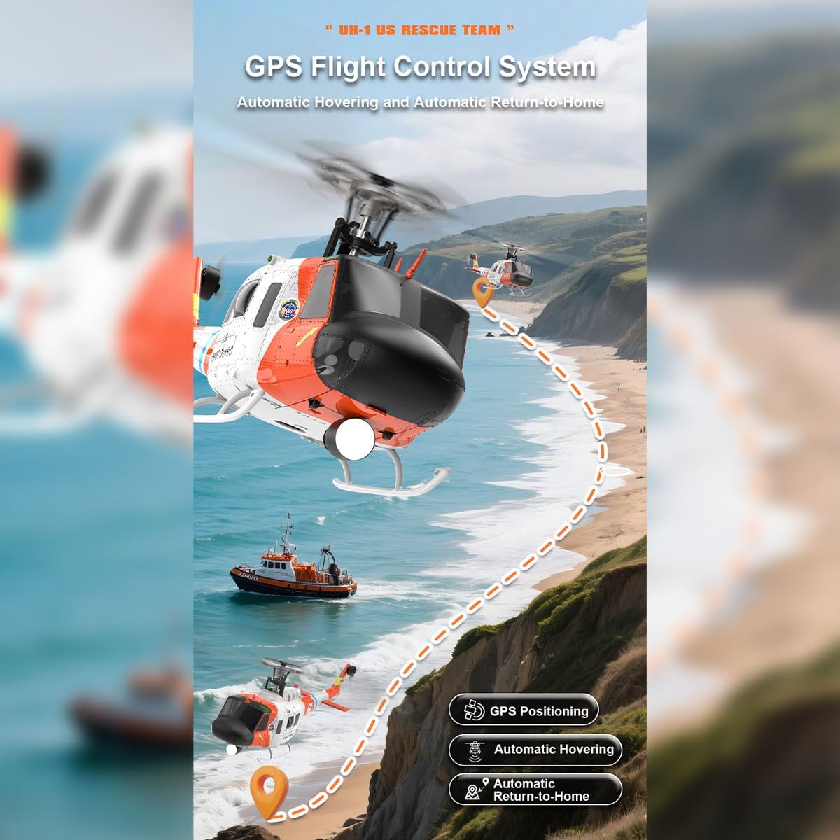 The WOLFBUSH×YU Xiang F07S UH-1 Huey RC Helicopter flying along a coastline, illustrating its GPS Flight Control System with automatic hovering and automatic return-to-home capabilities.