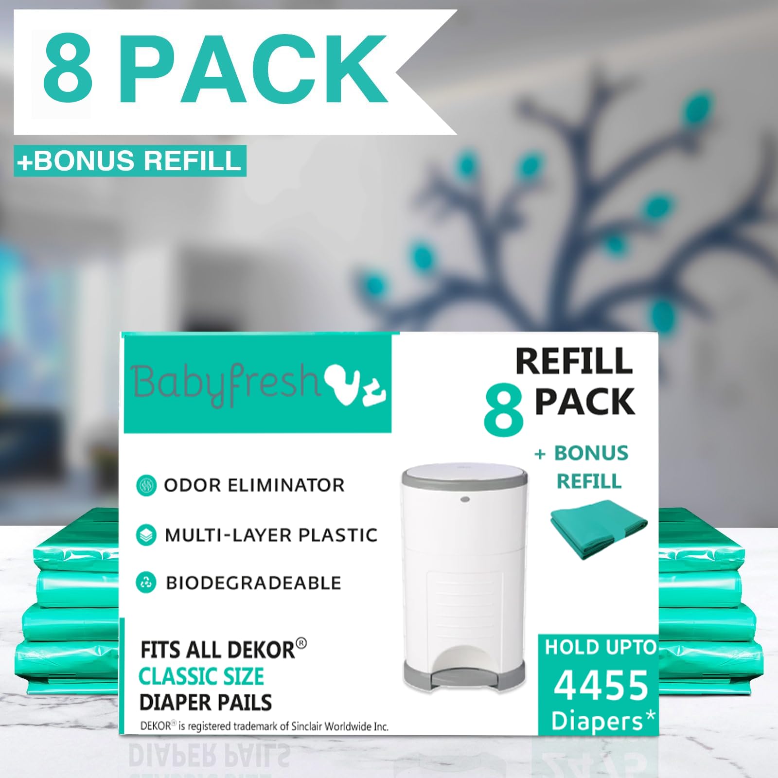 Recambios compatibles con cubos de pañales clásicos DEKOR, paquete de 8 unidades más 1 bolsa de repuesto exclusiva de 30% de grosor extra con potente aroma a polvo fresco para eliminar olores