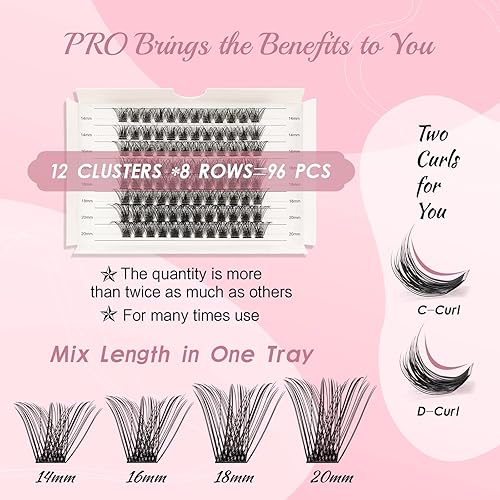 Miniatura 3 de 96 racimos de pestañas en racimo de 0.55-0.78 pulgadas (0.551-0.787 in), racimos de pestañas rizadas D, extensiones de pestañas en racimo de