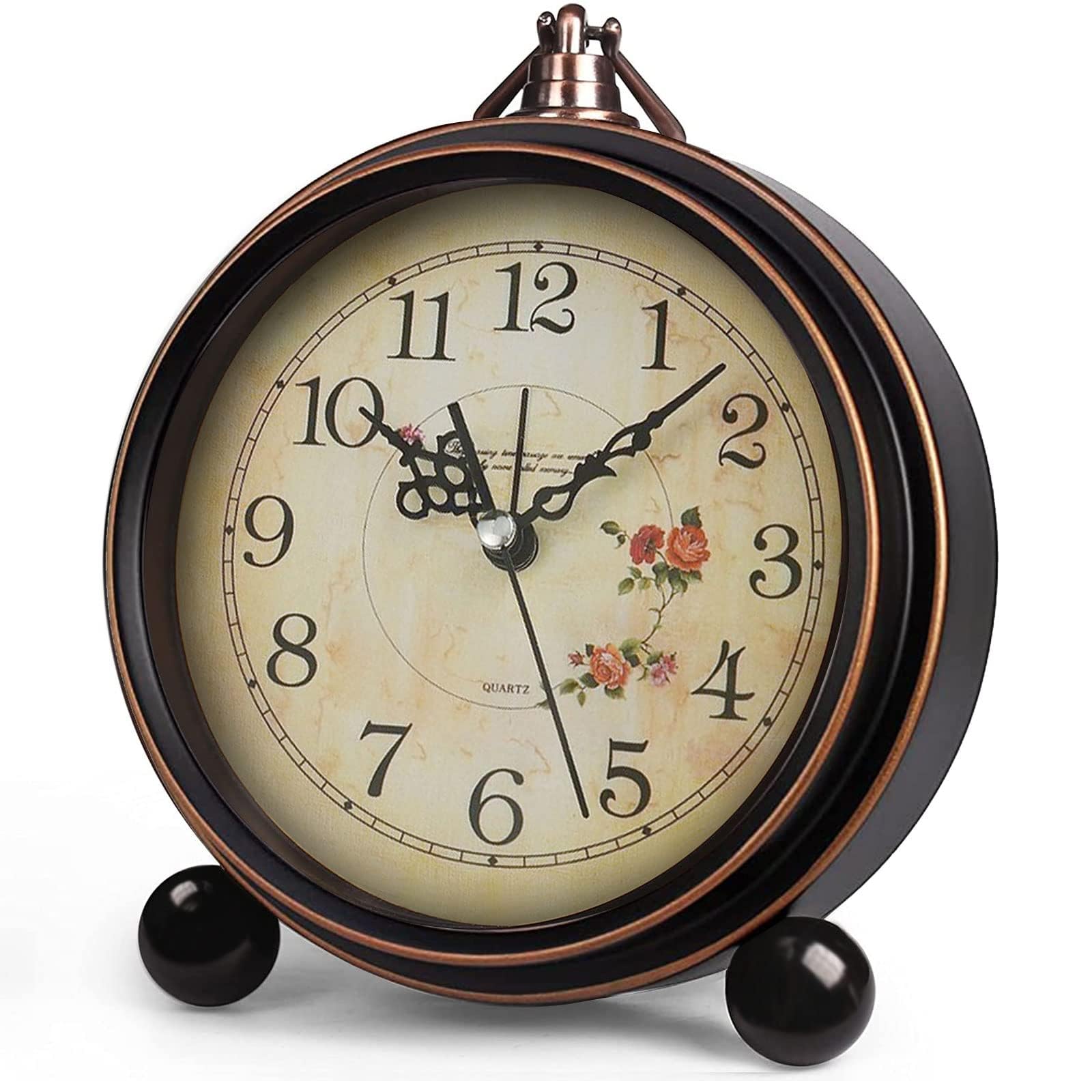 Konigswerk Vintage Analog Alarm Clock, 5.25 inch Small Silent Desk Clock with Night Light, Battery Operated for Table, Bedroom, Bedside, Living Room, Gift Clock (Flower)
