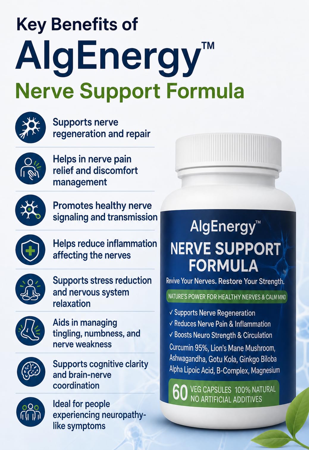 AlgEnergy™ Nerve Support Formula, 60 Veg Capsules, Natural Nerve Health Supplement with Curcumin, Lion's Mane, Ashwagandha, B-Complex, Magnesium for Nerve Regeneration and Pain Relief — Amazon image 6